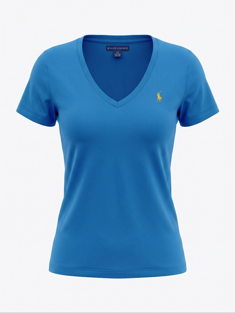 Ralph Lauren Women's V‑Neck Polo Tee in Bright Blue with Yellow Logo